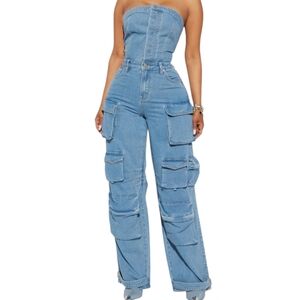 Fashion Nova Women's Strapless Blue Denim Jumpsuit
